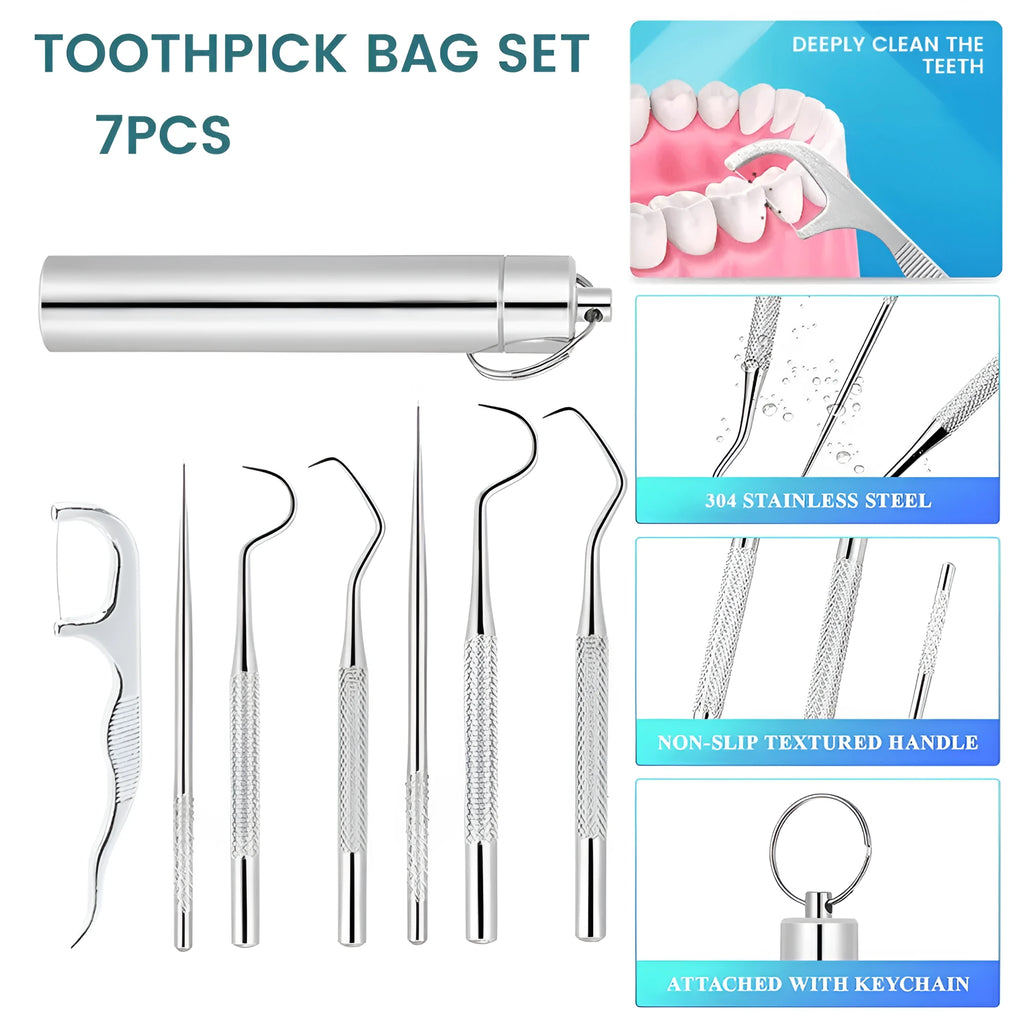 7-piece 304 stainless steel toothpick set with dental floss in a white portable cylinder