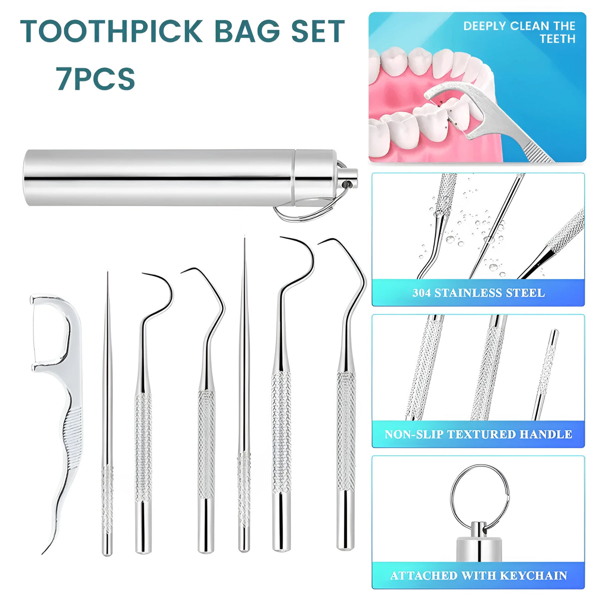 7-piece 304 stainless steel toothpick set with dental floss in a white portable cylinder