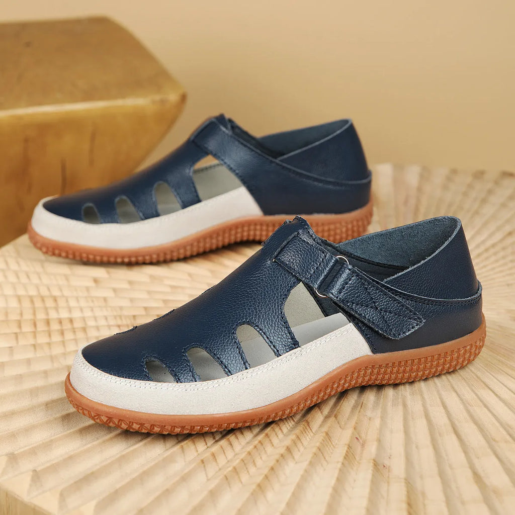 Women's plus size flat heel sandals with toe cap and hollow breathable design in blue colour