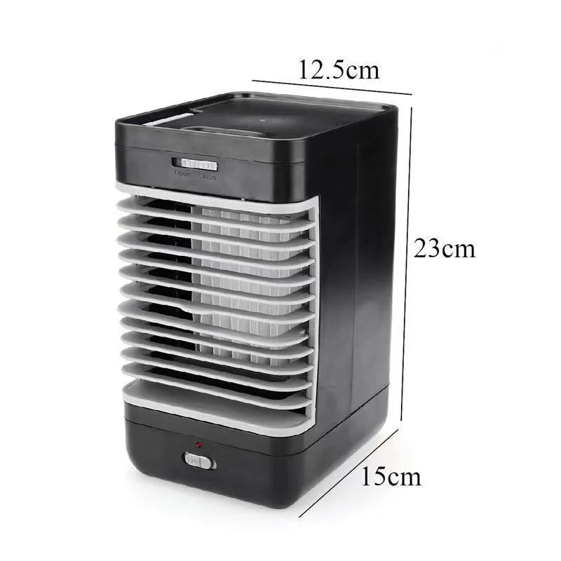 Black portable vertical USB evaporative air cooler measuring 16 by 13.5 by 28.5 cm on a desk