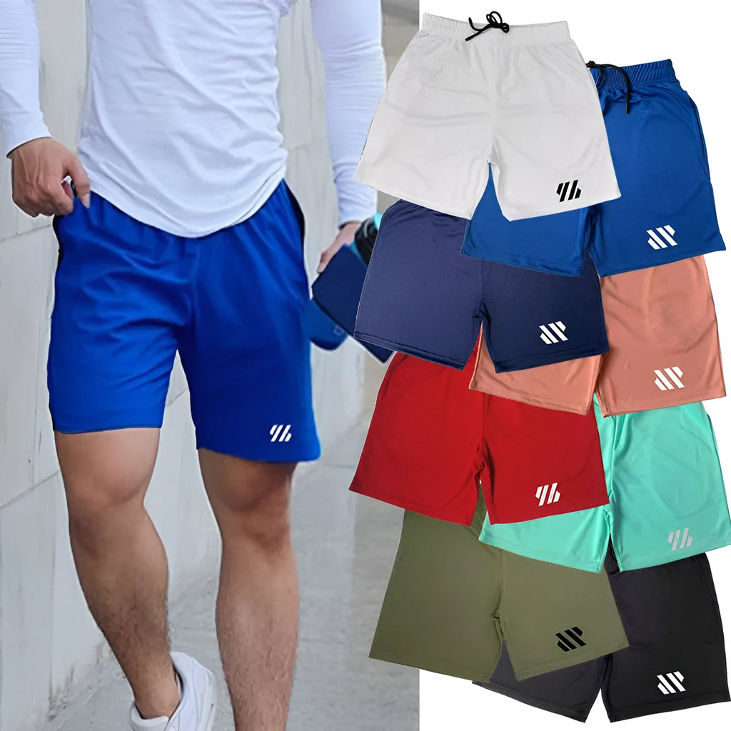 Loose-fitting metal silk sports shorts for running in various colours on a white background.