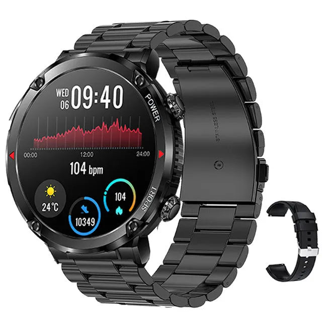 T30 Smart Watch with black silicone strap showing time on circular IPS touch screen