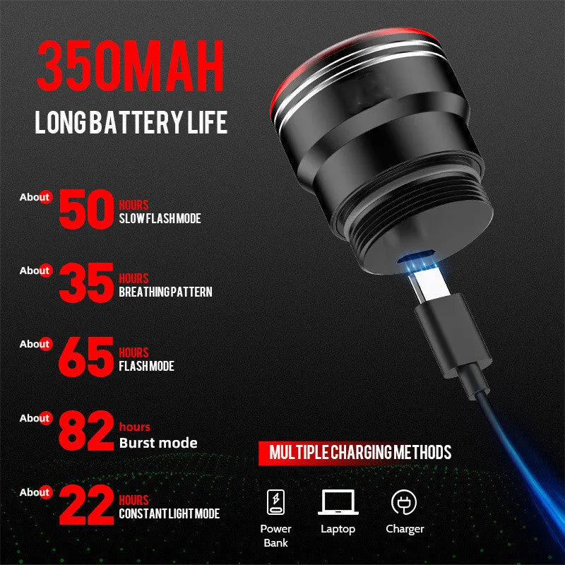 Black USB rechargeable bicycle taillight with brake sensing technology and aluminium alloy housing