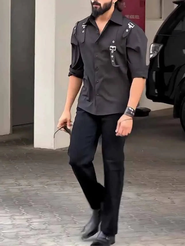 Men's black button-up shirt with regular fit and polyester fabric