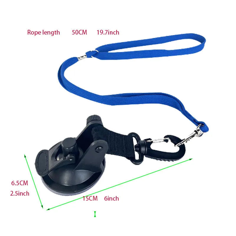 Finished pet bathing restraint with suction cups and traction rope on a blue background.