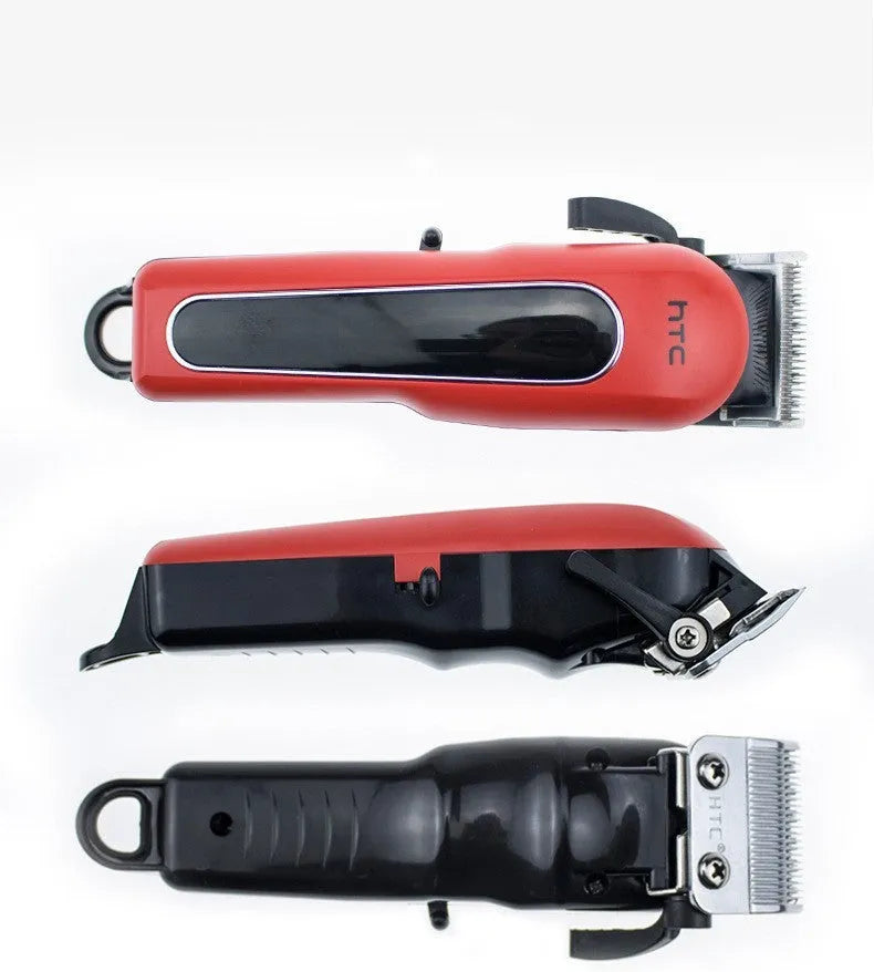 Black professional digital hair clipper and trimmer kit with charger, 4 comb guides, oil, and cleaning brush on a white background.
