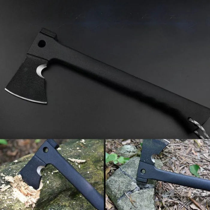 Black multifunctional outdoor survival axe with stainless steel blade, EDC handle, and tactical K sheath, 35.3cm × 14.5cm