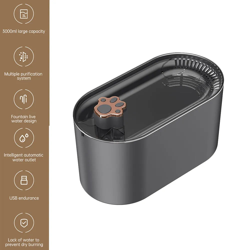 Berlin blue automatic pet water fountain with filter on a kitchen floor.