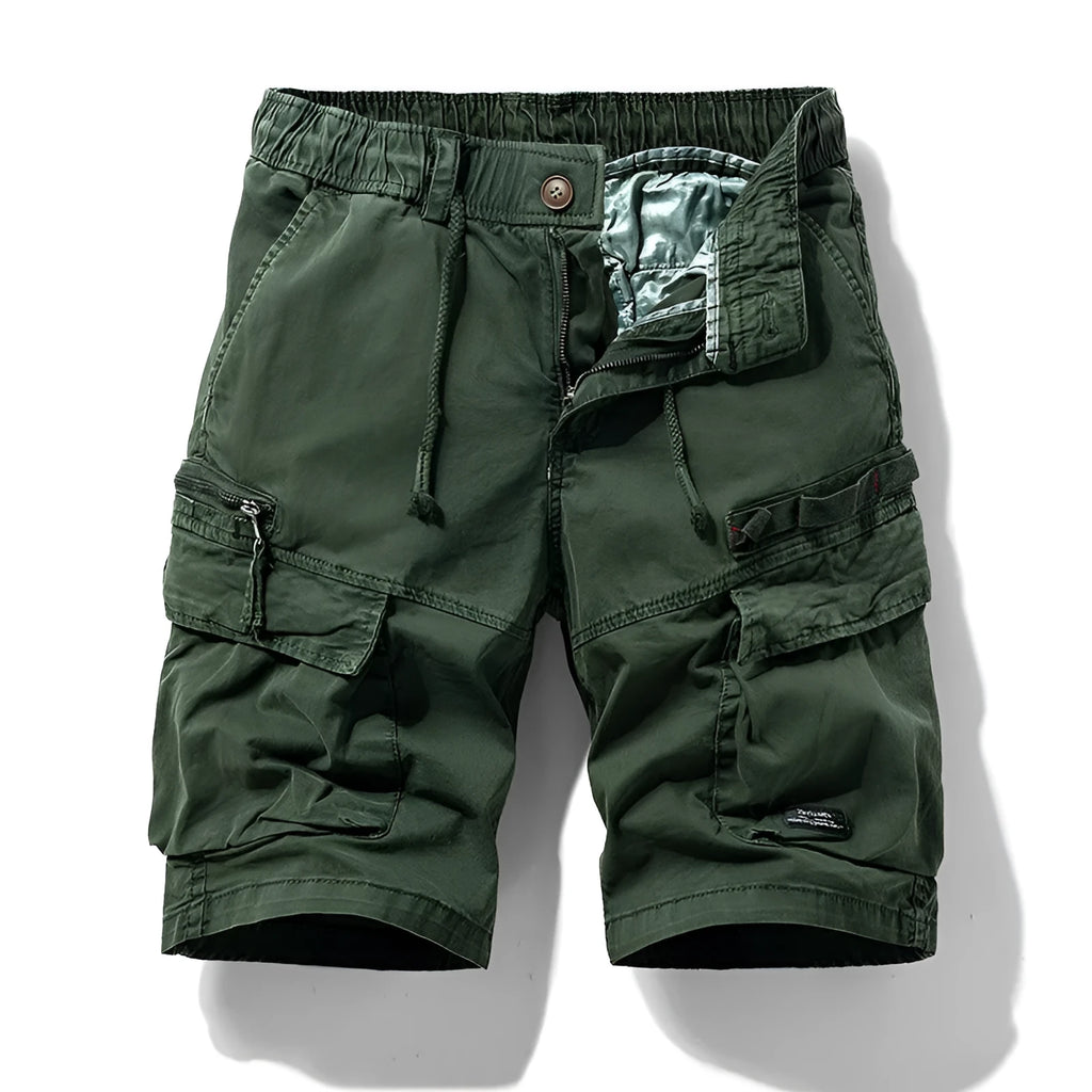 Men's cotton shorts with zipper and multiple pockets in army green colour.