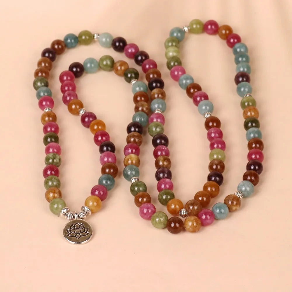Natural tourmaline 108 bead bracelet with lotus pendant and multi-layer adjustable design