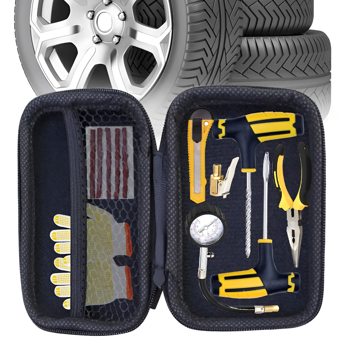 Steel vacuum tire repair tool set with PVC bag and tools for car motorcycle bicycle tyres