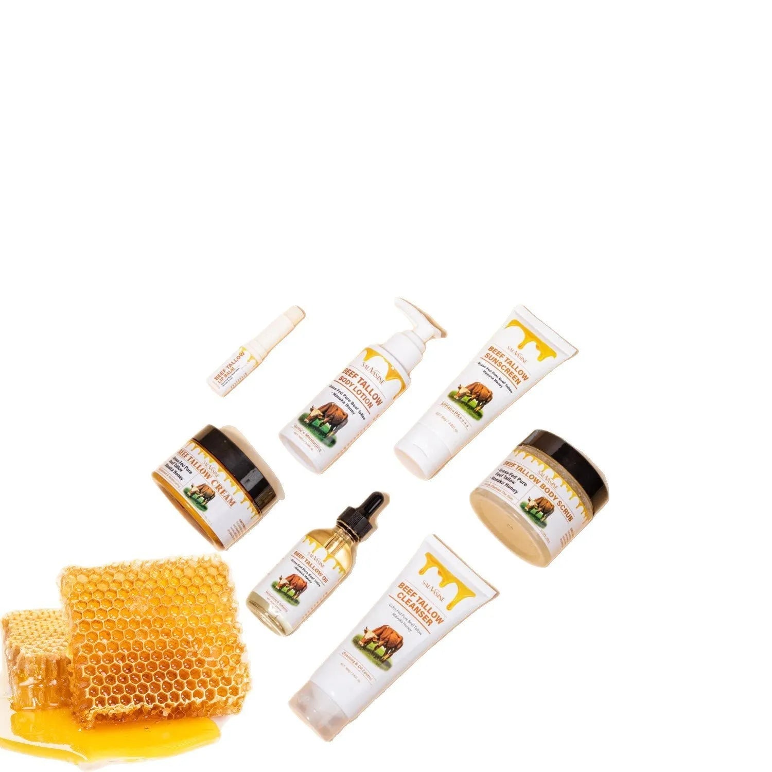 Butter Honey seven-piece skincare set showing cleanser, face cream, lipstick, protective cream, body lotion, facial scrub and beef fat product