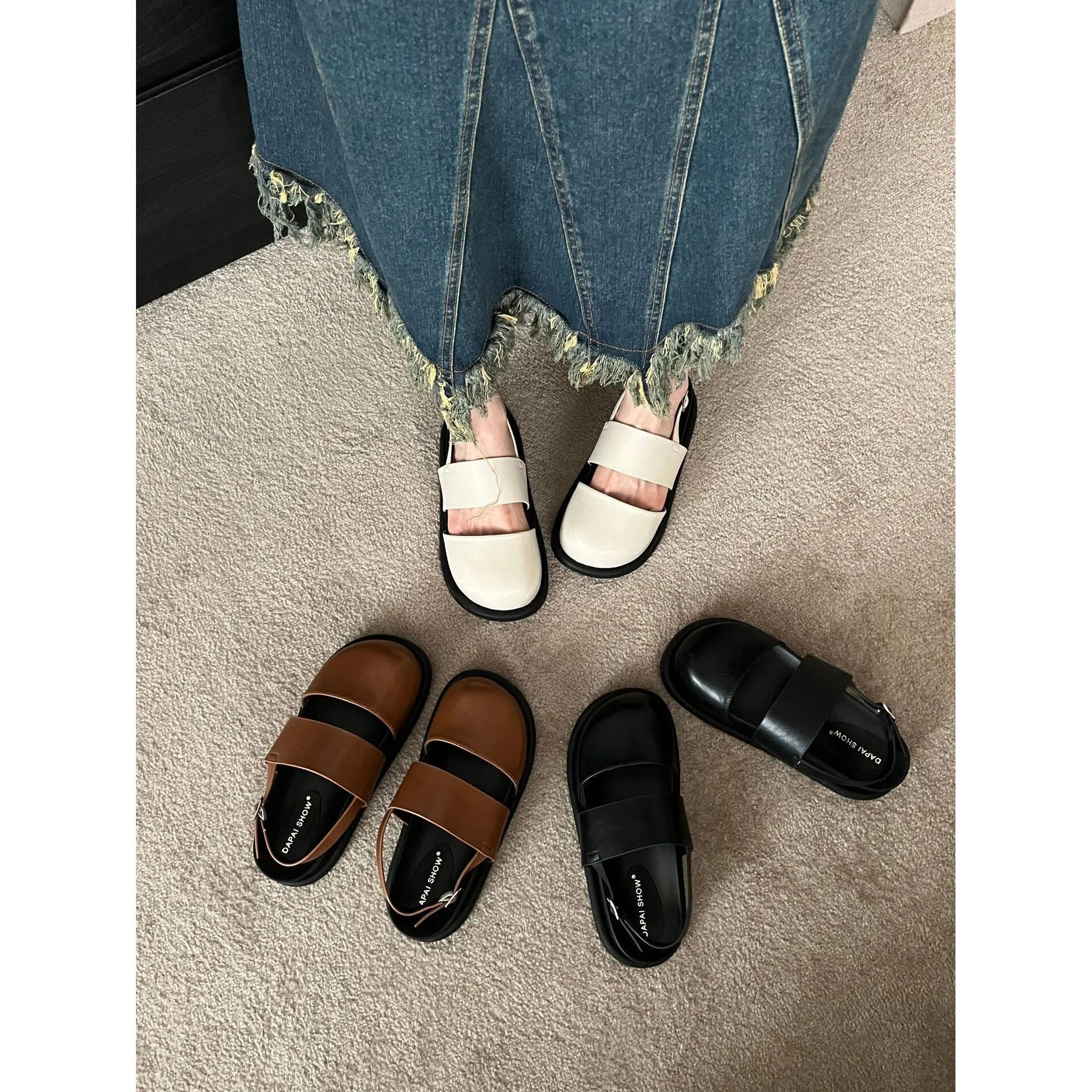 Retro raised sandals with ankle strap buckle in apricot colour showing closed toe design