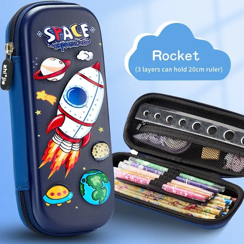 3D leather pencil case with zipper closure showing character design options including astronauts, unicorns, and mermaids