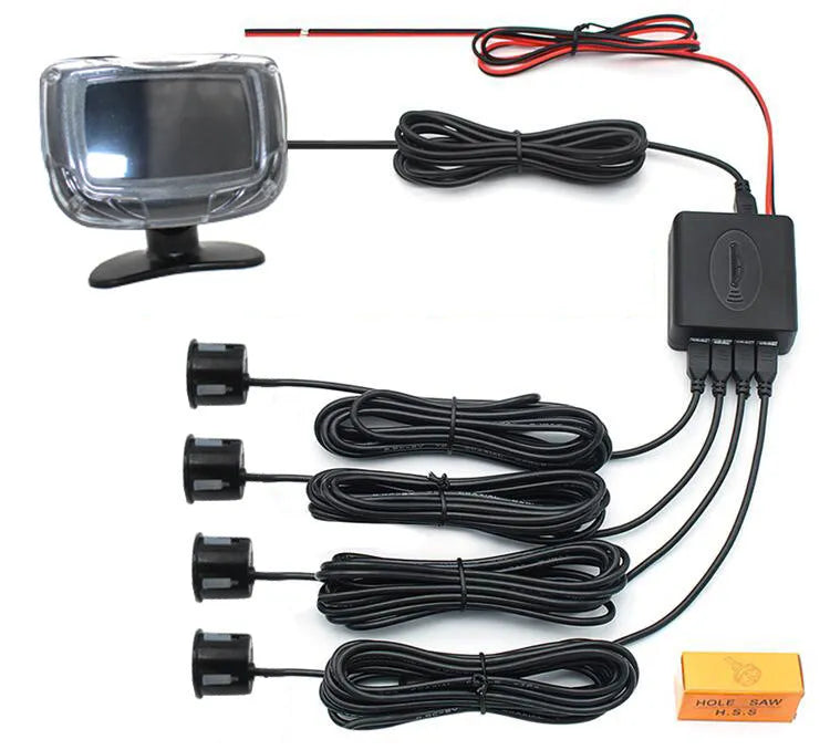 Wireless vehicle reversing sensor kit with 4 probes, control unit, and LED display with distance indicators