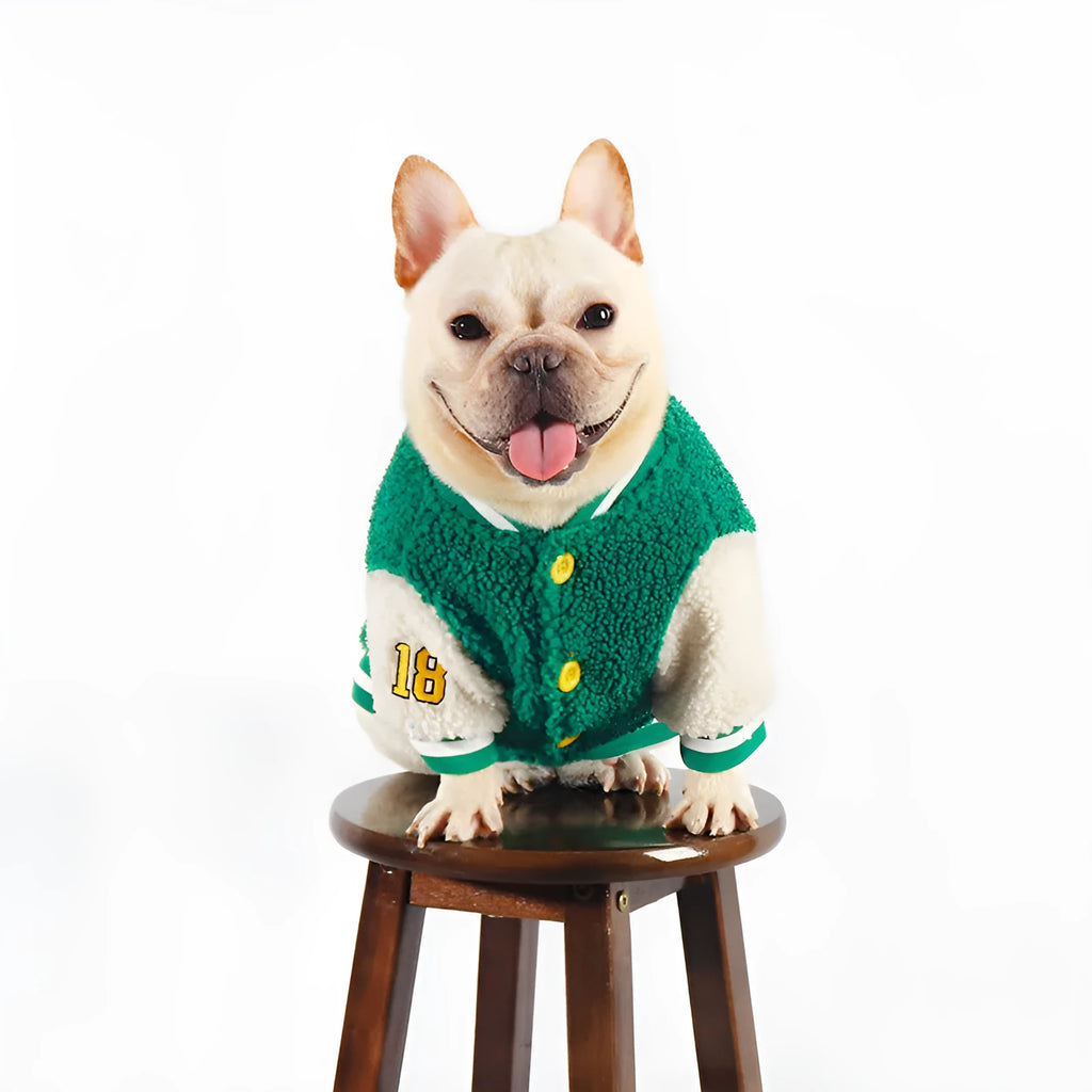 Green fleece-lined dog winter coat shown on a mannequin, sizes L XL XXL 3XL 4XL.