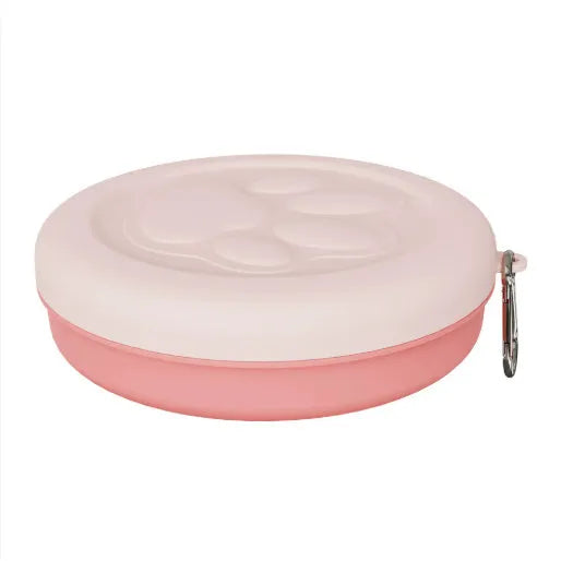 Collapsible portable dog bowl in pink and green colour options shown in both open and folded positions