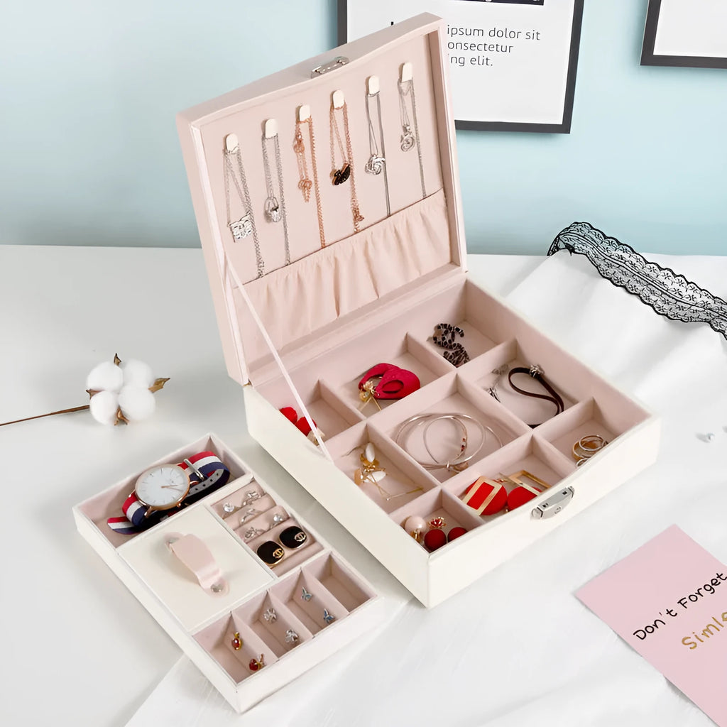 Red or white PU jewelry storage box with large capacity for necklace and ring organisation