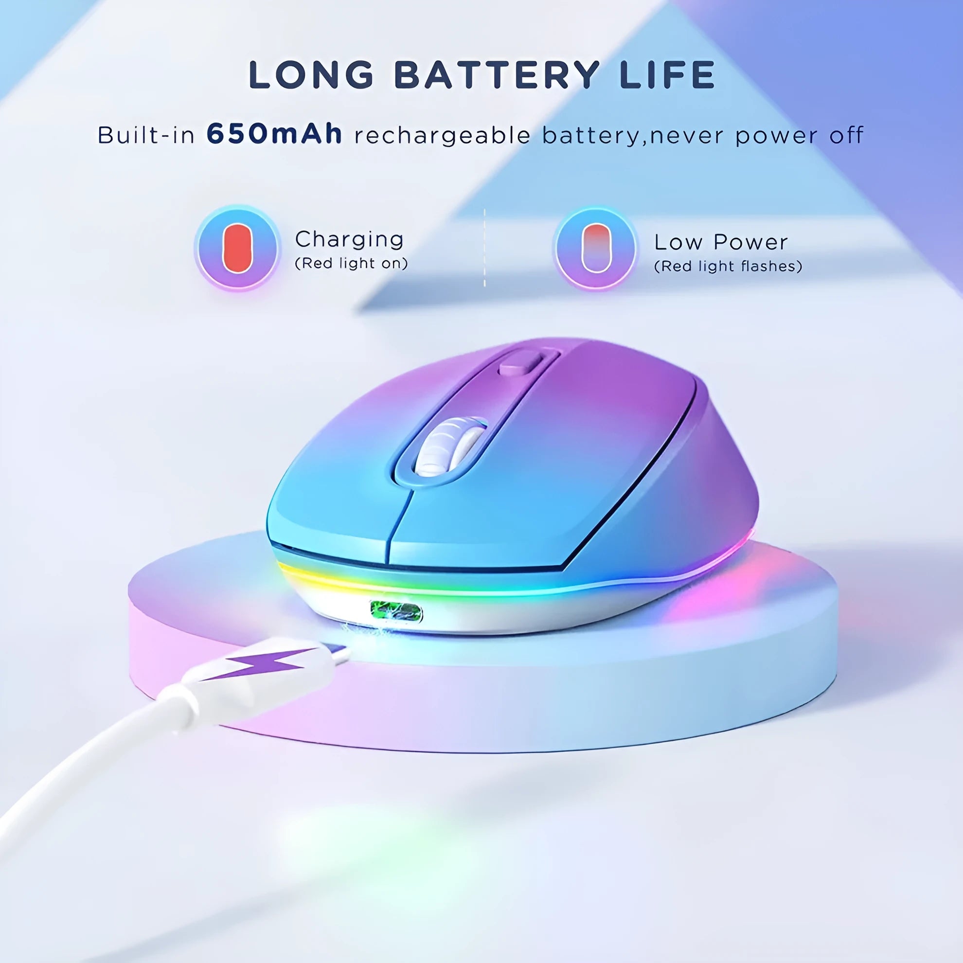 Lightweight 24g wireless mouse with USB charging cable in multiple colour options on a desk.