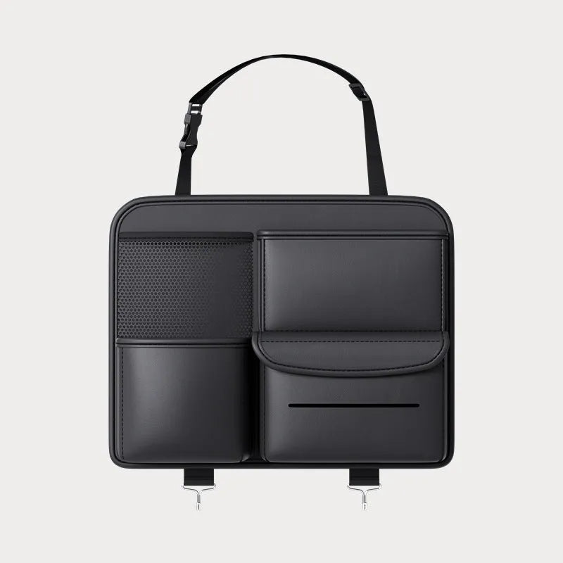 Black leather car seat back storage hanging bag with handle