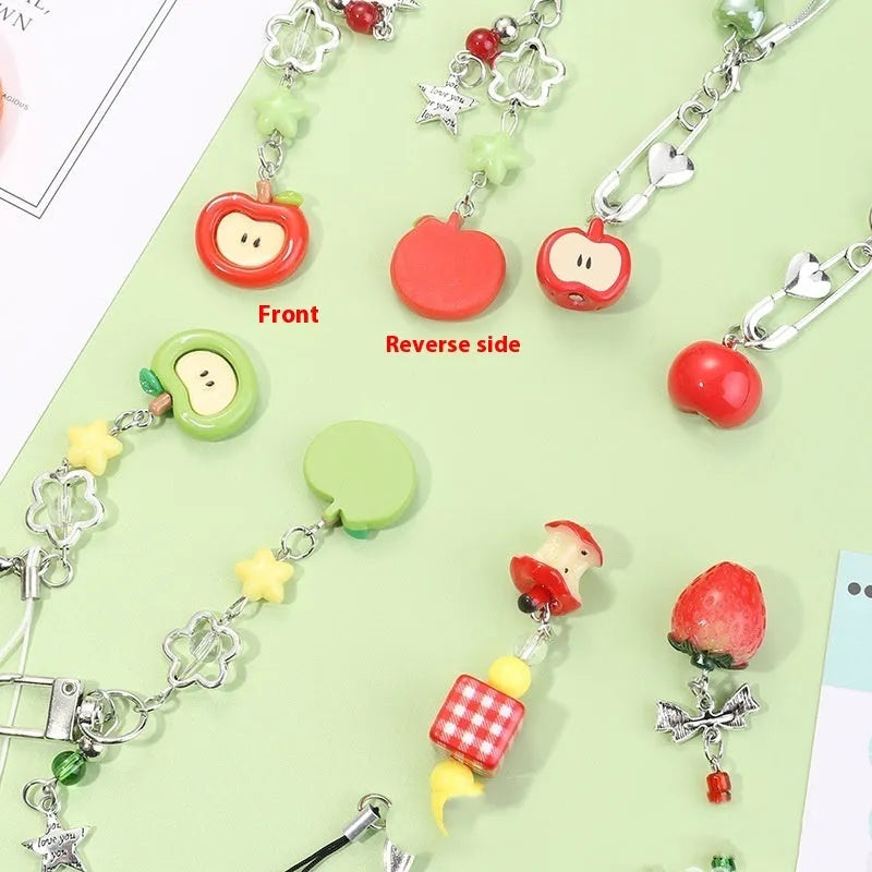 Fruit-themed mobile phone bag pendant keychain with resin apple and strawberry designs