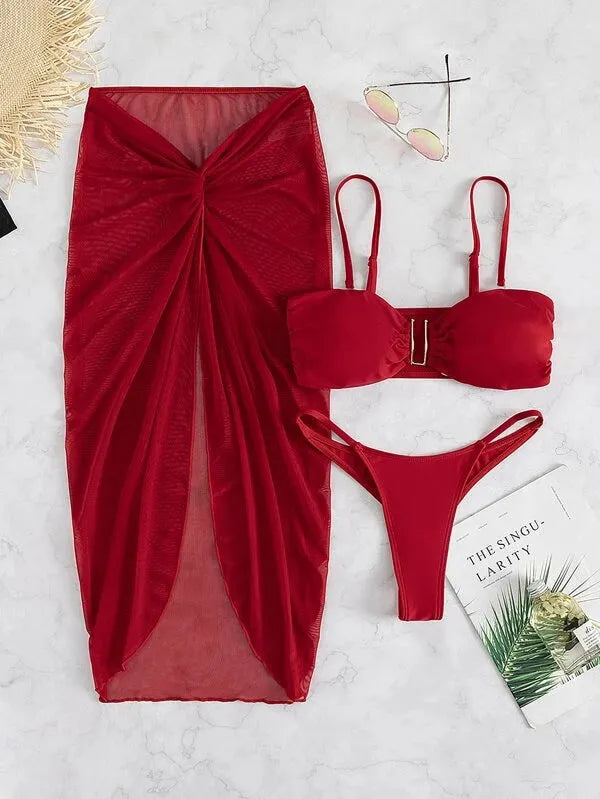 French-style multicolour bikini three-piece set with long culottes construction