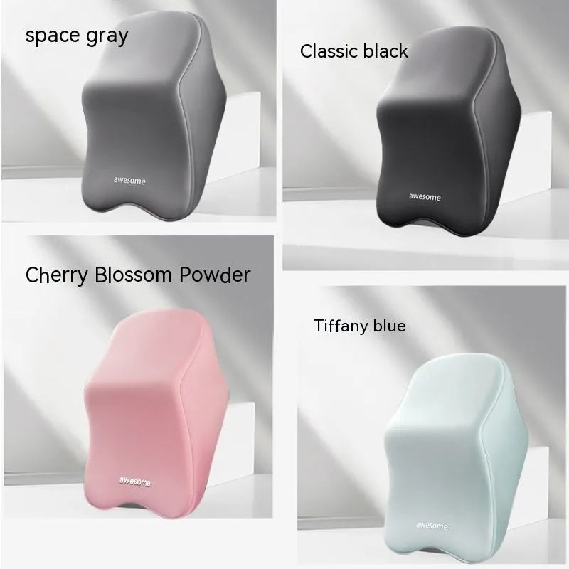 Memory foam car headrest pillow and lumbar support cushion set in black, grey, blue, and pink colour options.