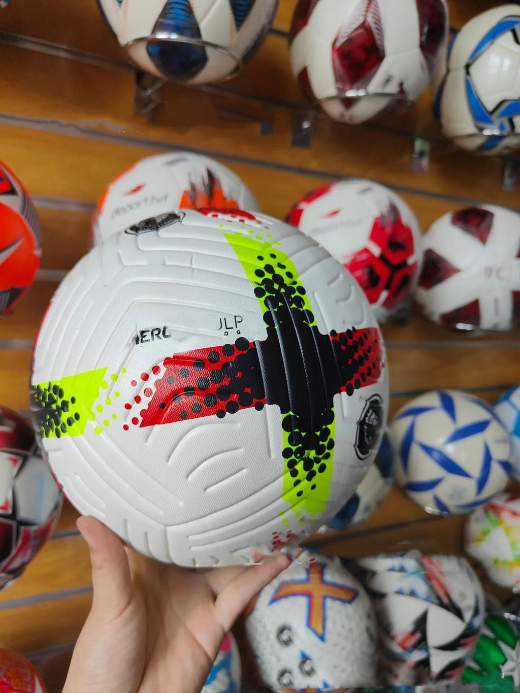 Fluorescent green size 5 PU football with seamless thermal adhesive patch construction for club and league training