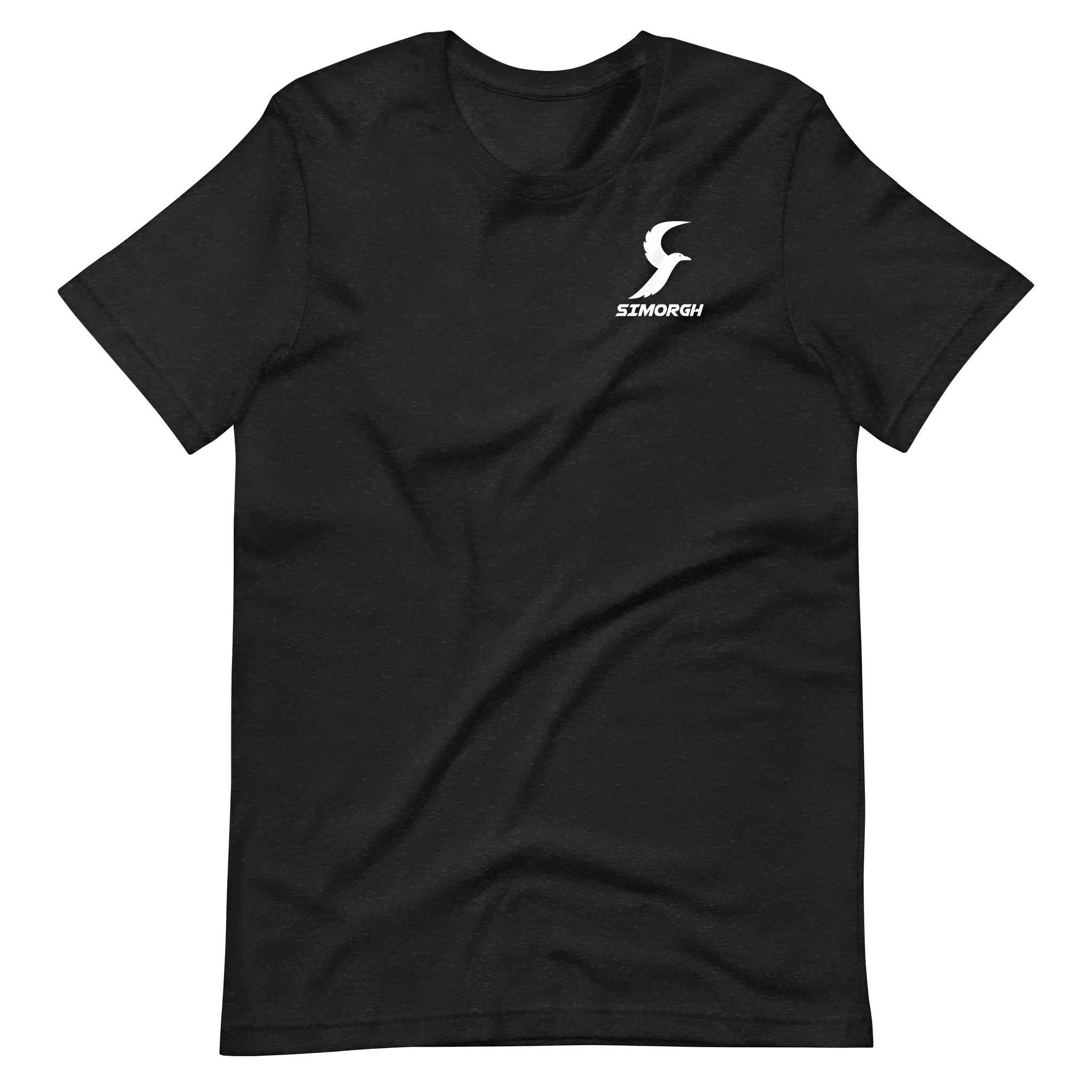 A black loose-fit cotton t-shirt with a round neck and short sleeves on a hanger.