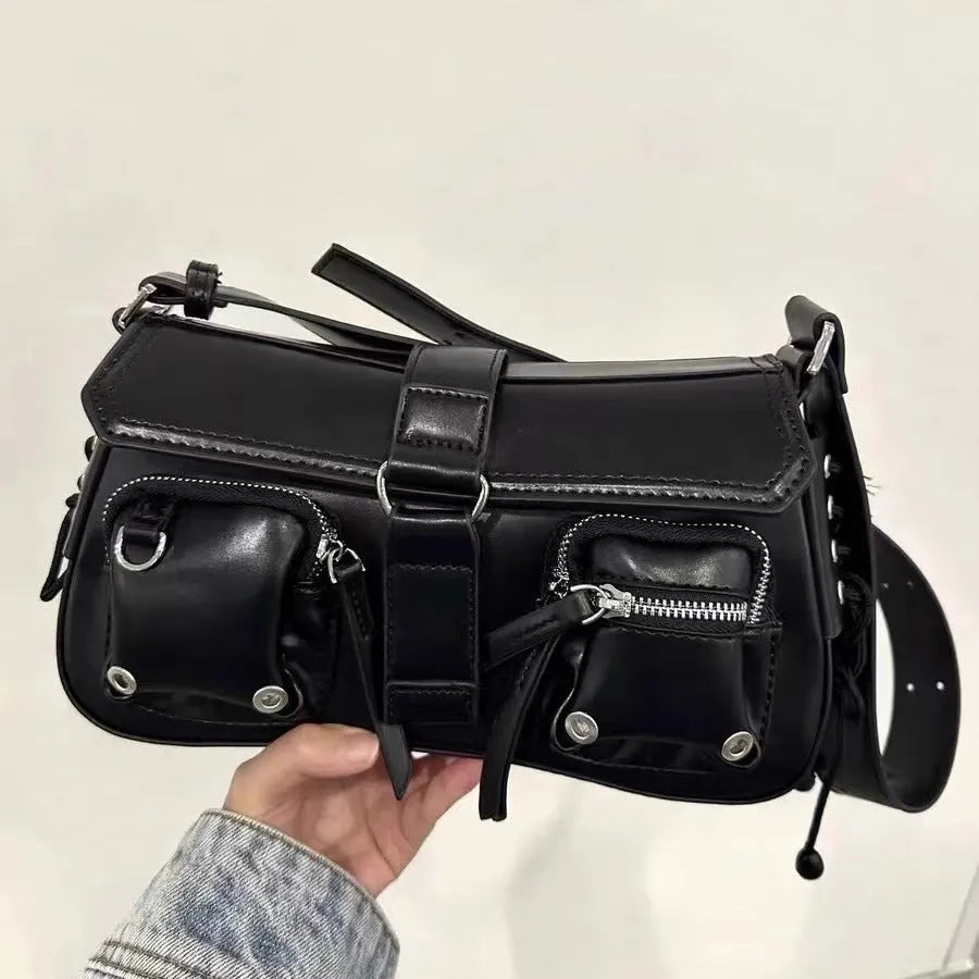 Black PU women's underarm baguette messenger bag with adjustable shoulder strap