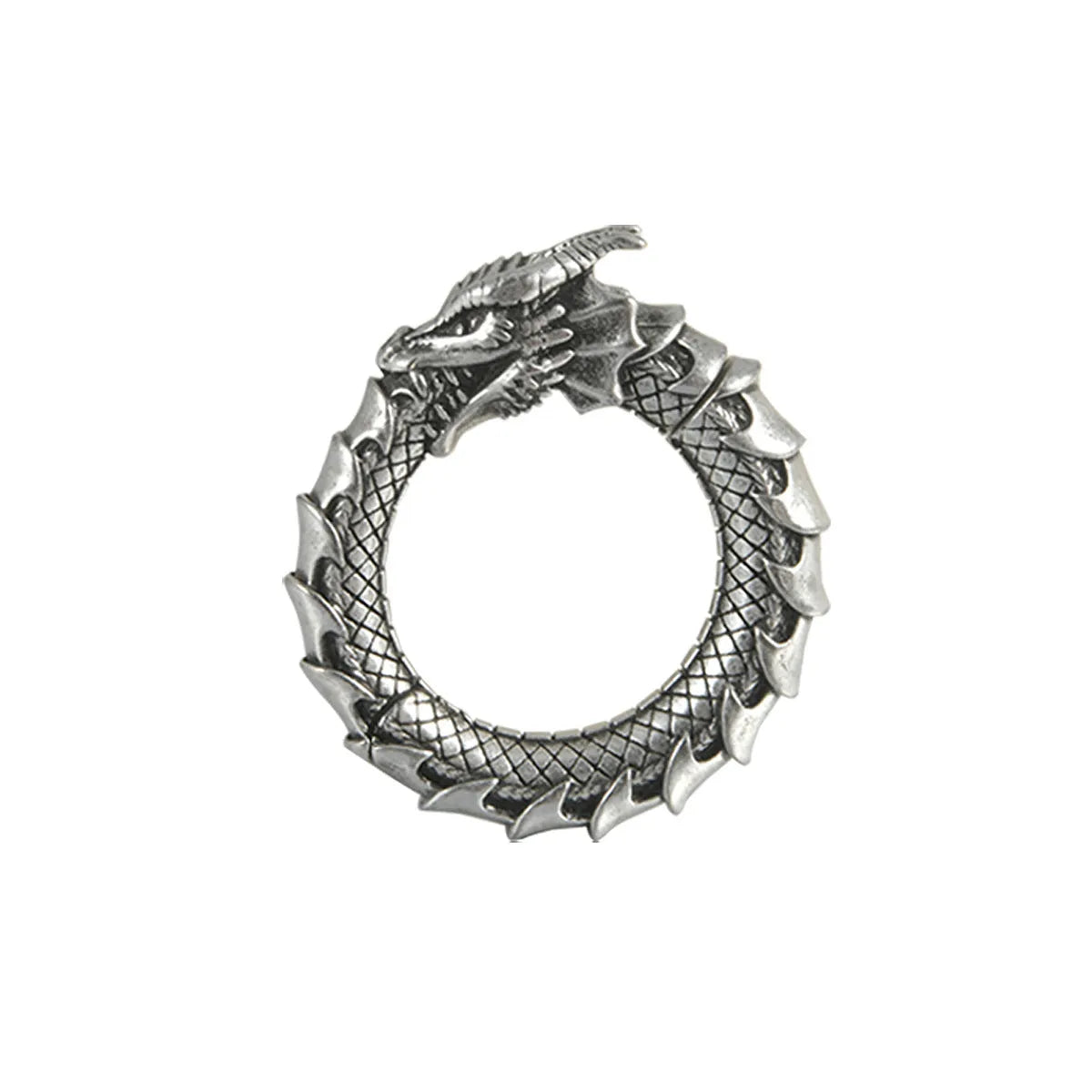Large geometric dragon earrings with antique silver finish and hollow-out design on white background