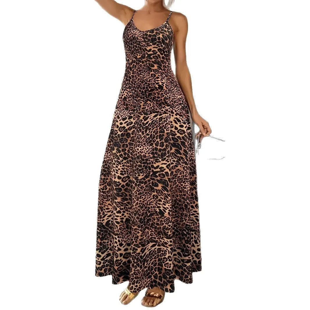 Dark brown leopard print dress with sleeveless round neck and shoulder straps