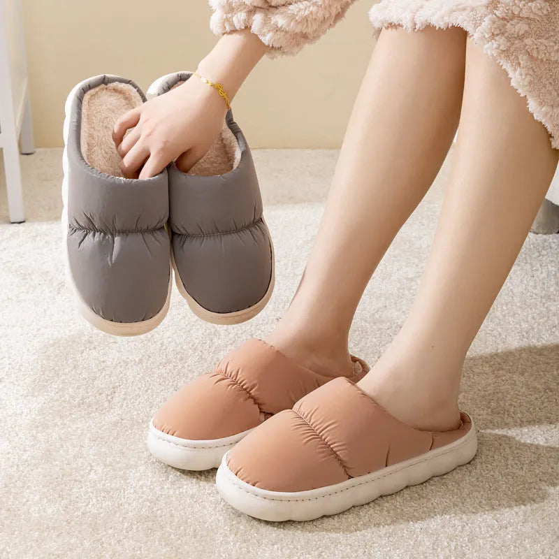 Winter indoor slippers with artificial leather upper, rubber sole, and plush lining in multiple colour options