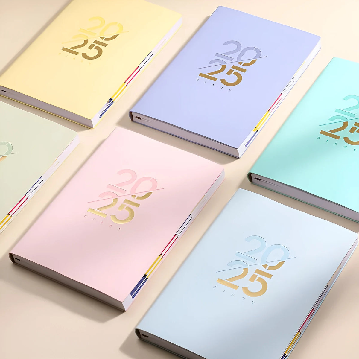 A5 soft faux leather 2025 daily planner book open on a desk, showing weekly schedule pages.