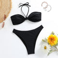 Black women's bikini set with lace-up tube top and matching briefs on mannequin