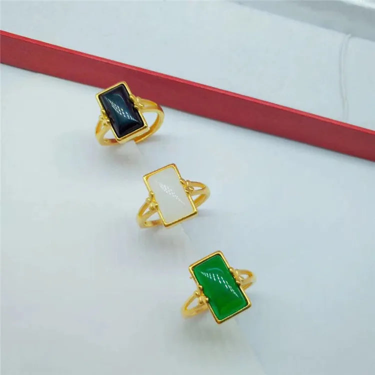 Adjustable brass gold-plated ring with electroplated finish and artificial gemstone accents