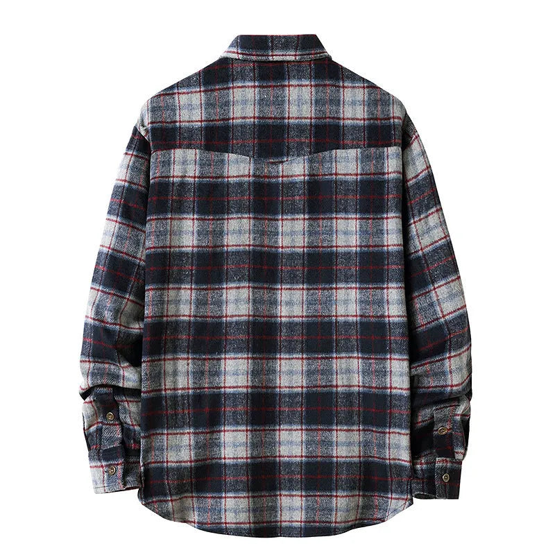 Men's long sleeve flannel plaid shirt jacket in black with corduroy lined cuffs and collar, soft brushed fabric
