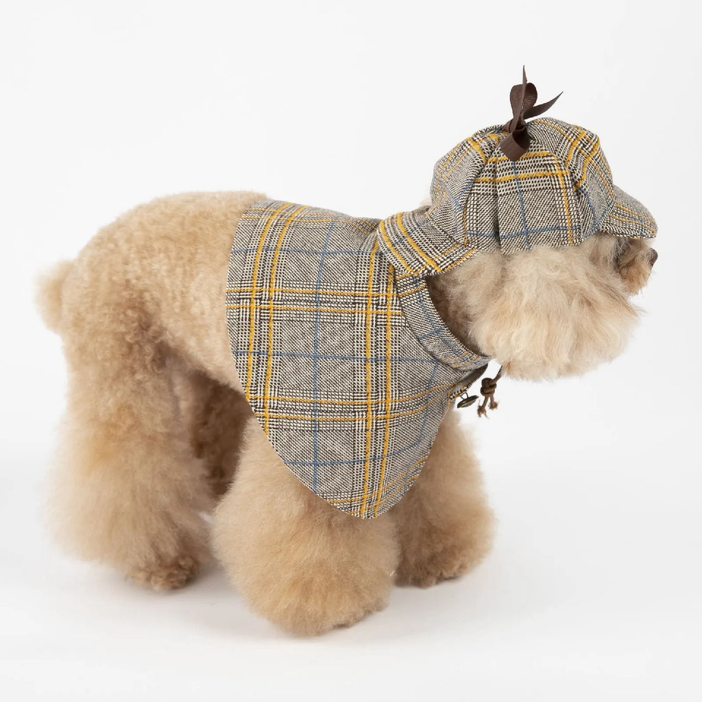 Camel-coloured detective suit style cotton cloak dog coat with an adjustable hat on a pet.