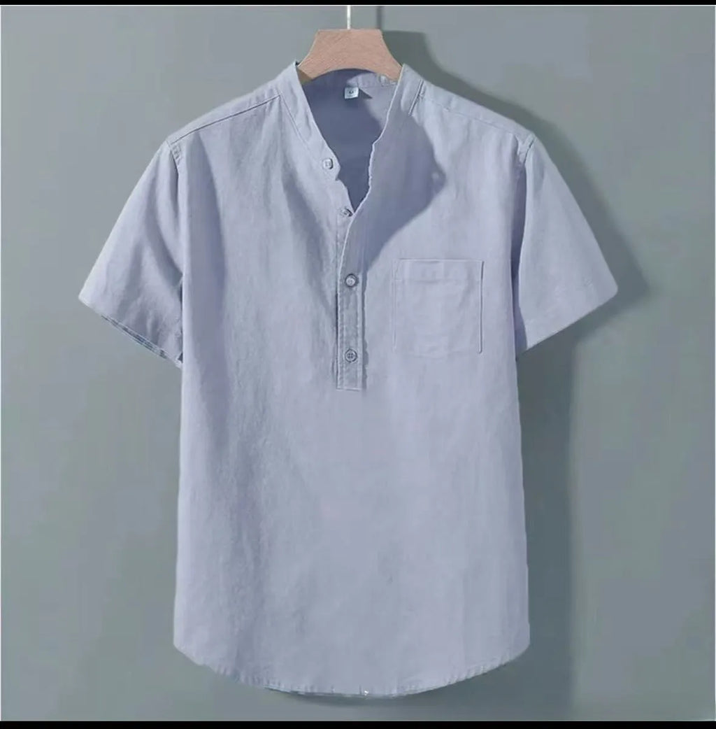 Men's casual linen shirt with stand collar and short sleeves in slub fabric