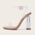 Apricot women's high heel sandals with clear glass heel and buckle fastening