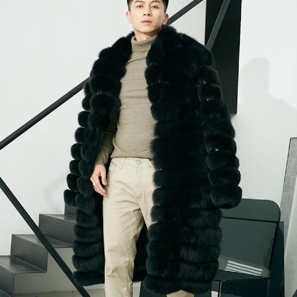 Men's real fur long fur coat in dark black with regular sleeves and pockets, winter commuting style, sizes M to 3XL