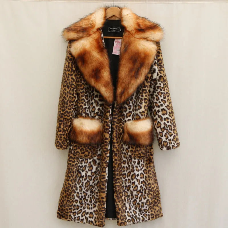 Women's long leopard print artificial fur jacket with a relaxed fit and regular sleeves.