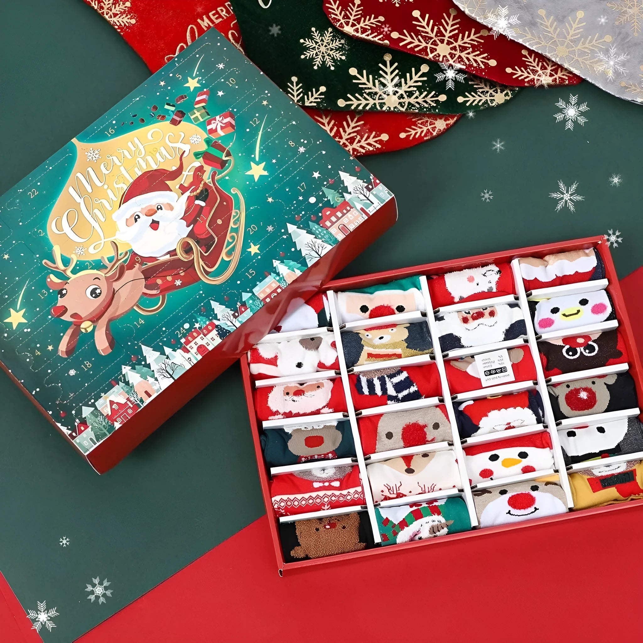 Resin Christmas stocking blind box decoration on festive background
