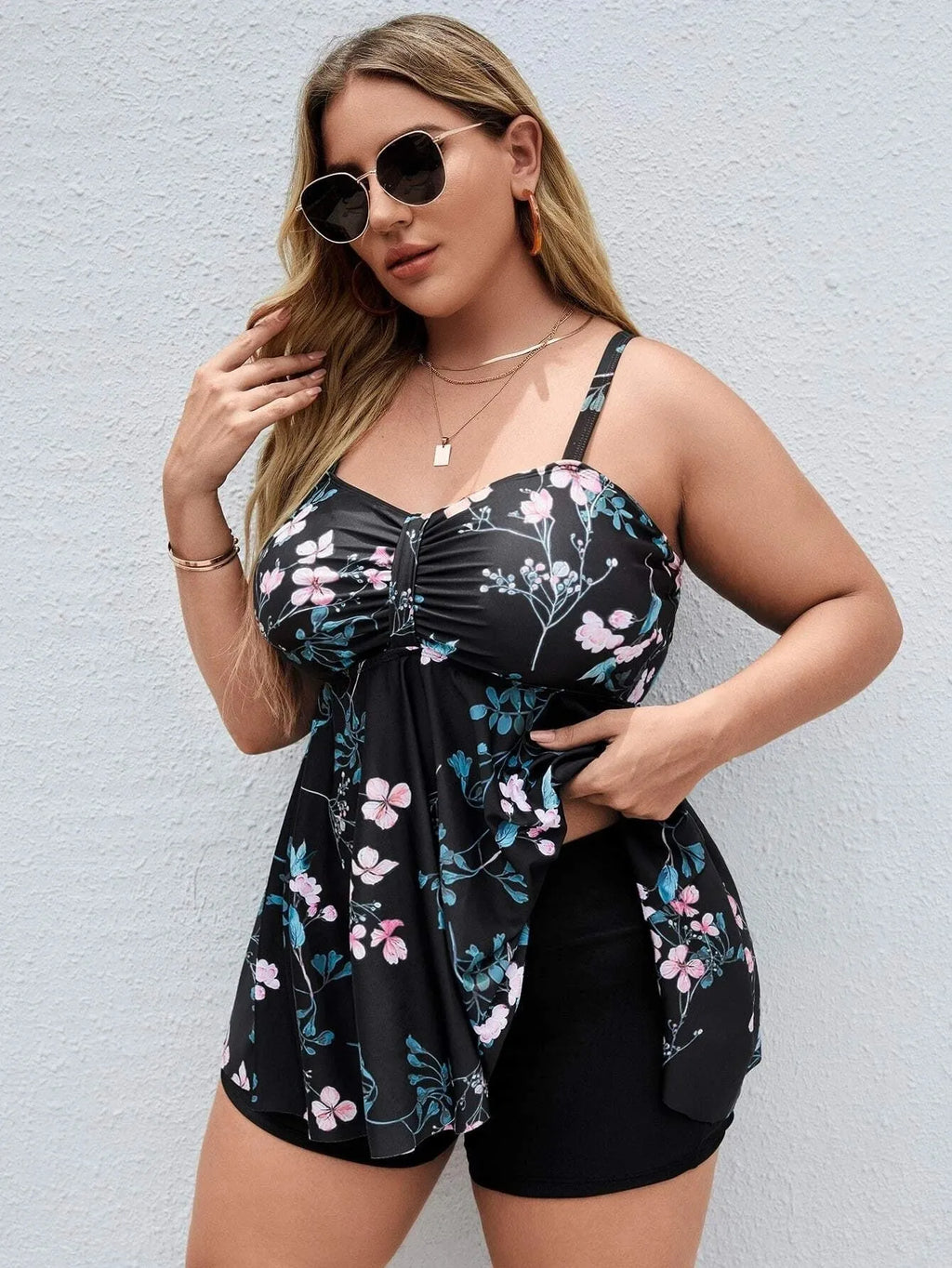 Women's one-piece swimsuit with split colour floral printing, high-elasticity polyester