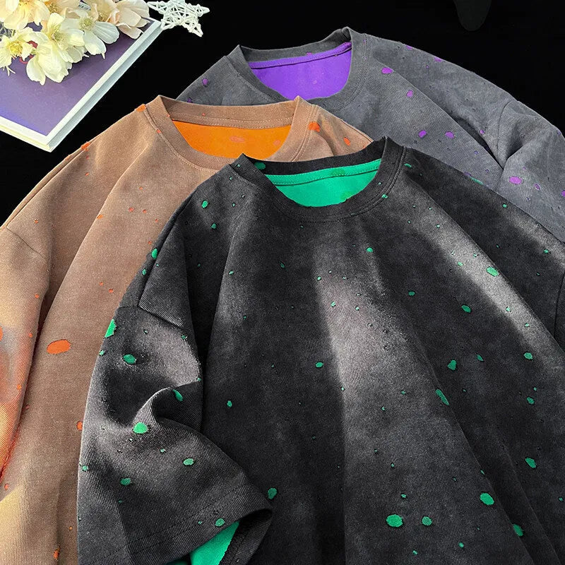 Men's loose fit ripped short sleeve t-shirt in khaki, dark green, black or grey with round neck collar