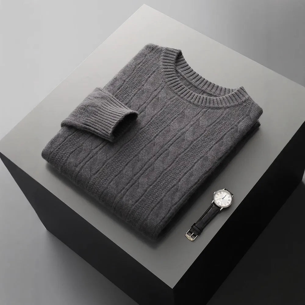 Men's double-strand thickened jacquard knitted pullover sweater in camel colour, loose fit, long sleeves