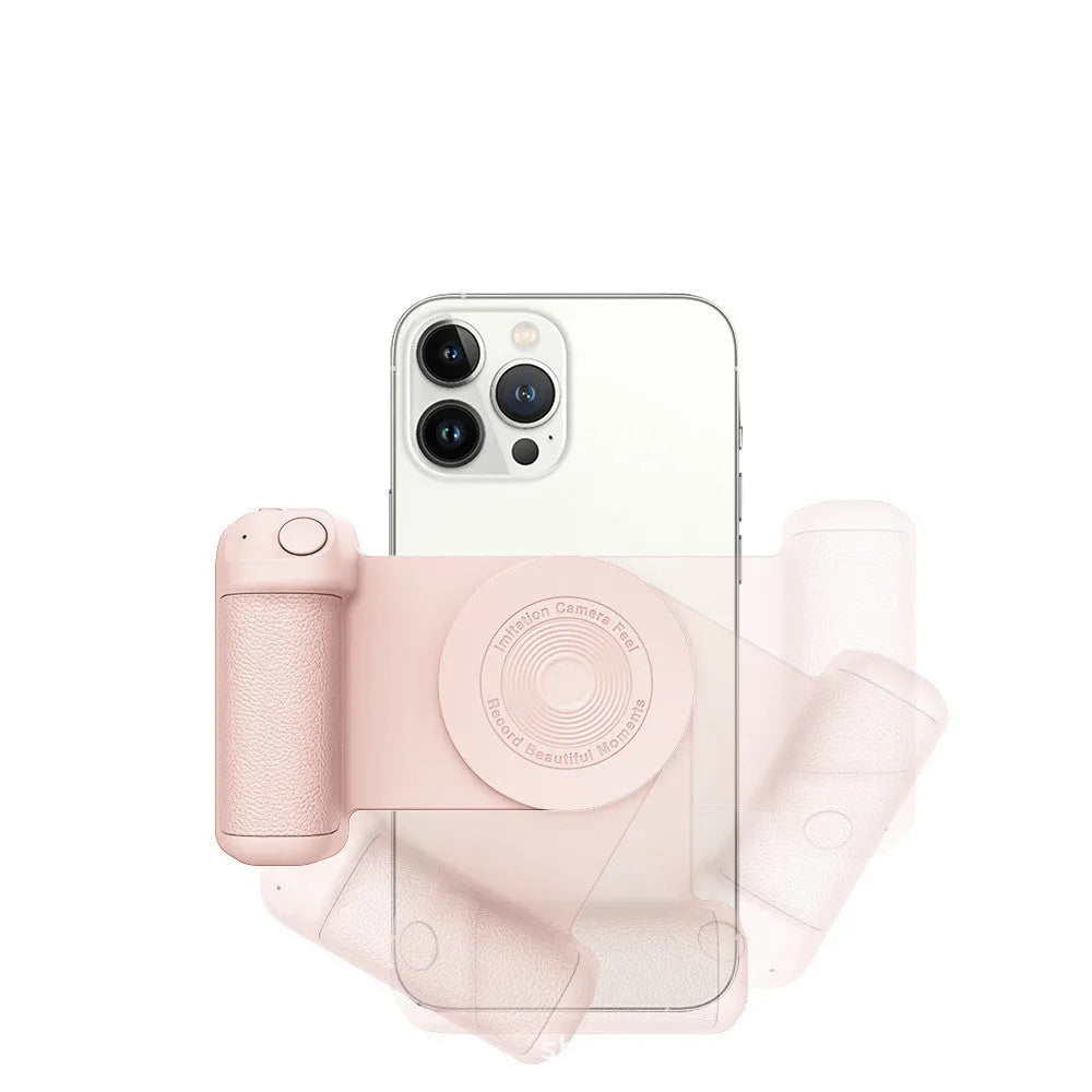 Black magnetic phone camera bracket with ergonomic PU leather handle on table