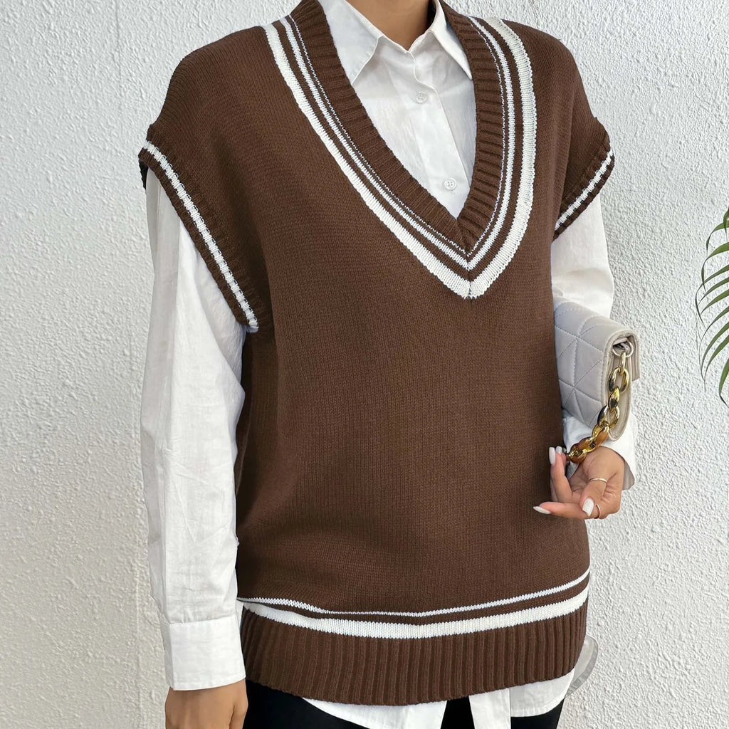 A loose-fit women's vest sweater in a college style, shown in a choice of colours.