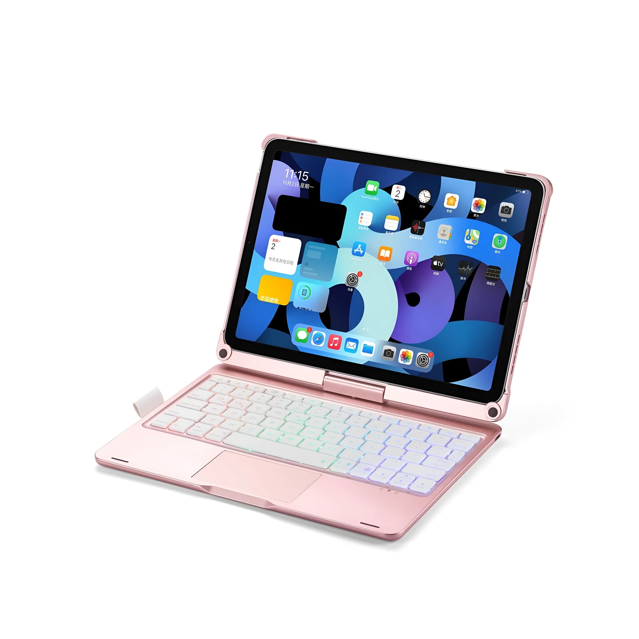 Black Bluetooth keyboard with rotating iPad stand and backlit keys next to an iPad.