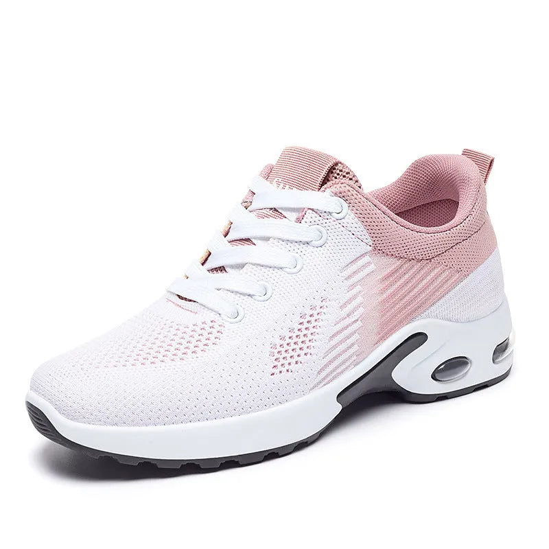Women's Flyknit casual running shoes in pink with mesh lining and flat PVC sole
